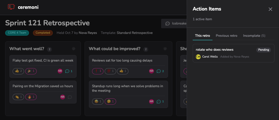 Ceremoni action items drawer showing an owned, pending action item with assignee avatar, tabs for this retro, previous retro, and incomplete items