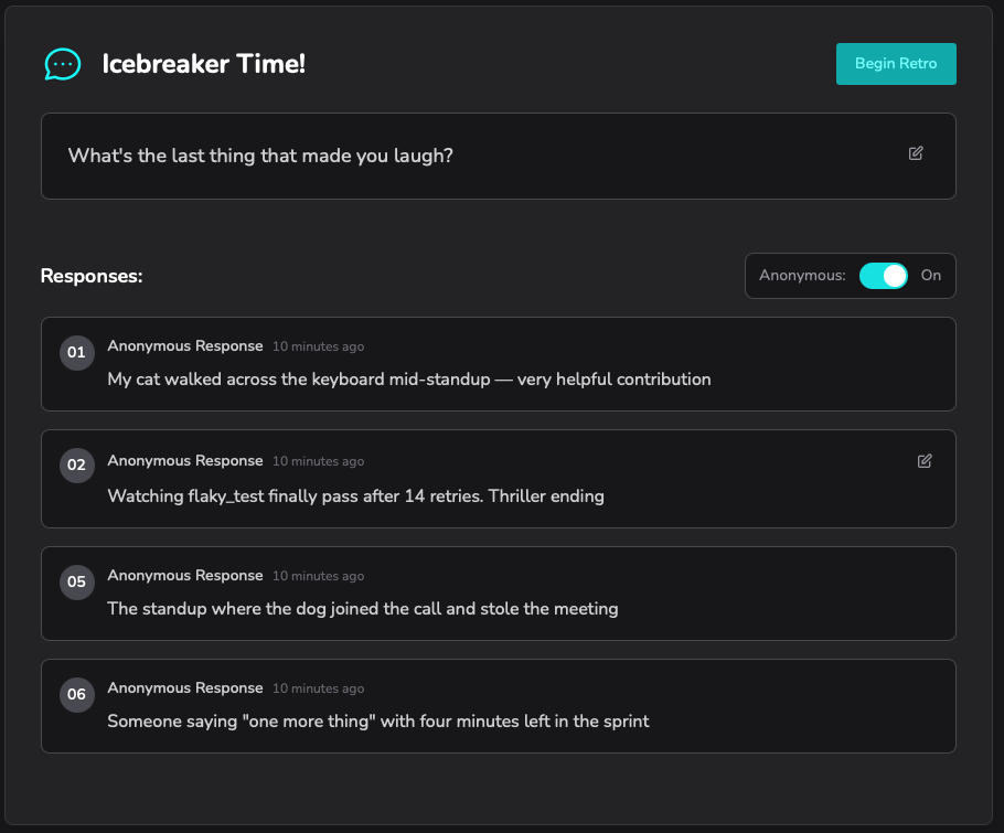 Ceremoni icebreaker showing the question 'What's the last thing that made you laugh?' with four responses from named team members with colored avatars