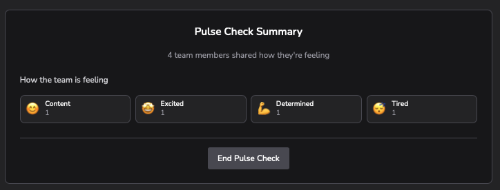 Ceremoni pulse check summary showing how the team is feeling: content, excited, determined, and tired