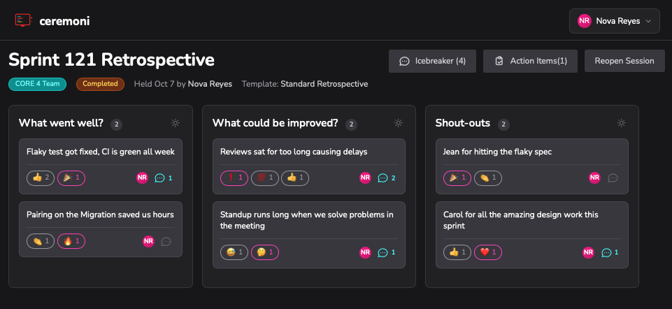 Ceremoni retro board with 'What went well?', 'What could be improved?' and 'Shout-outs' columns, sticky cards with emoji reactions, comments, and colored author avatars